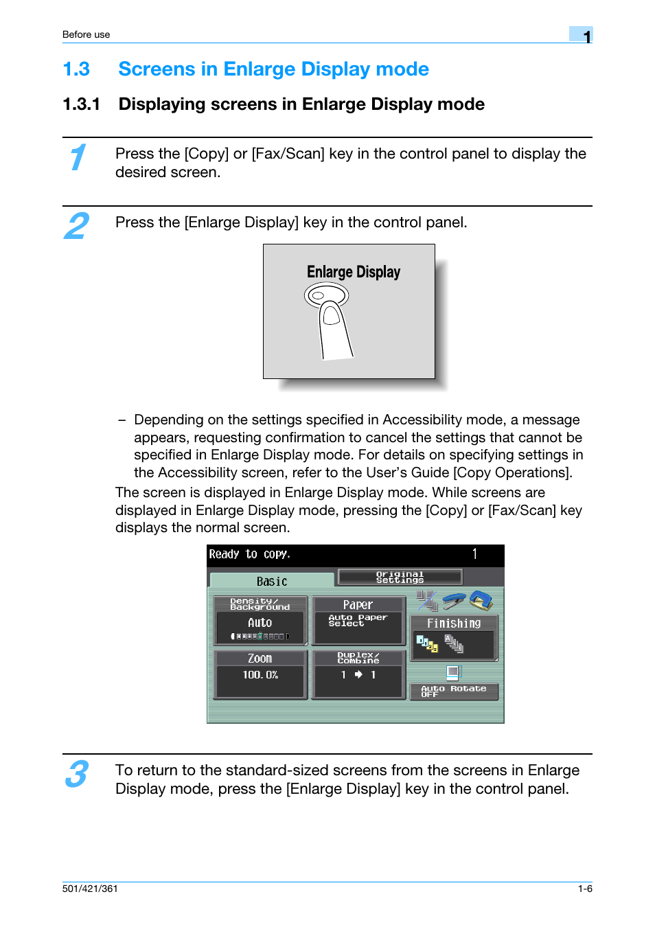 3 screens in enlarge display mode, 1 displaying screens in enlarge display mode, 3 screens in enlarge display mode -6 | 1 displaying screens in enlarge display mode -6 | Konica Minolta bizhub 421 User Manual | Page 12 / 103