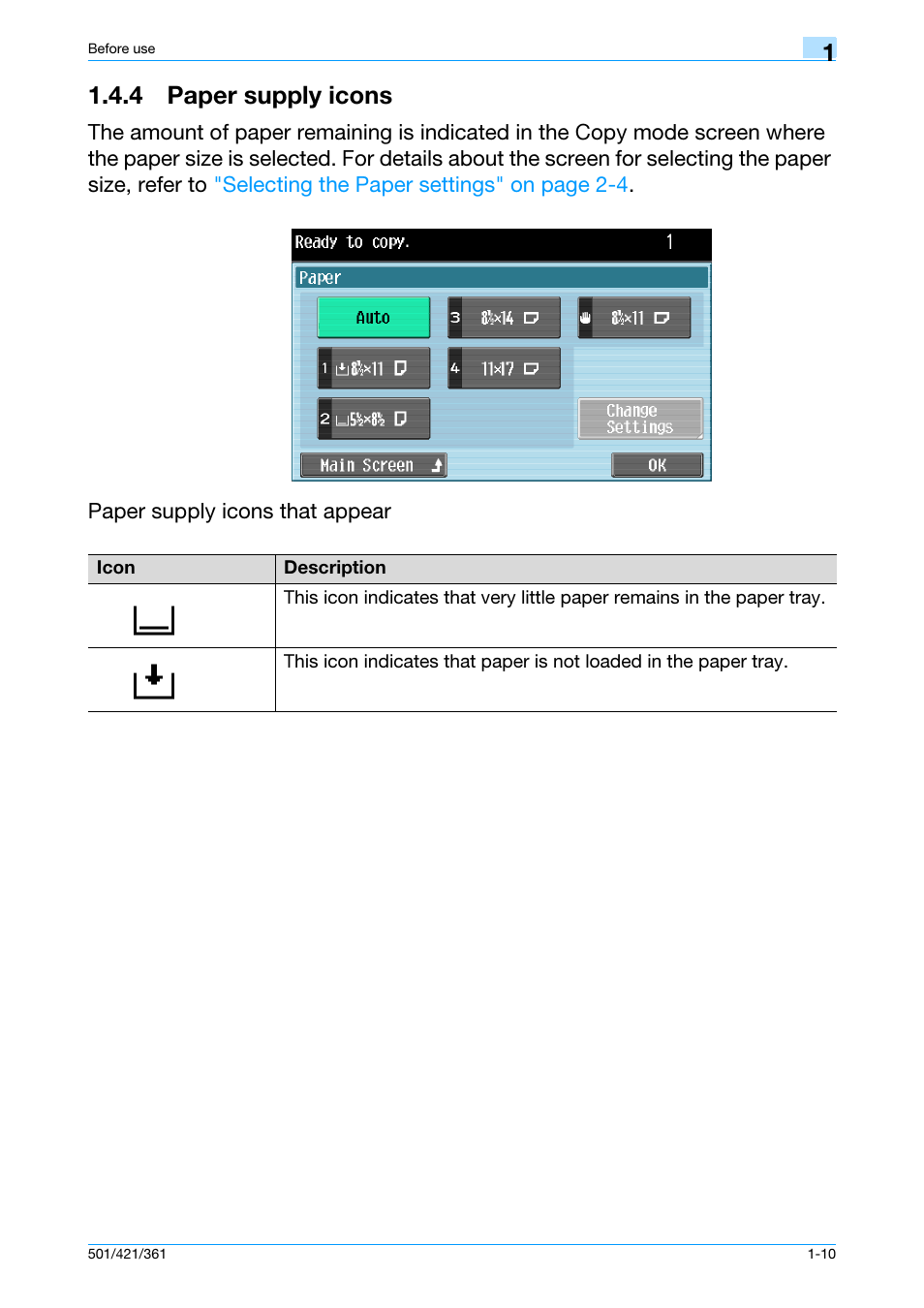 4 paper supply icons, 4 paper supply icons -10 | Konica Minolta bizhub 421 User Manual | Page 16 / 103