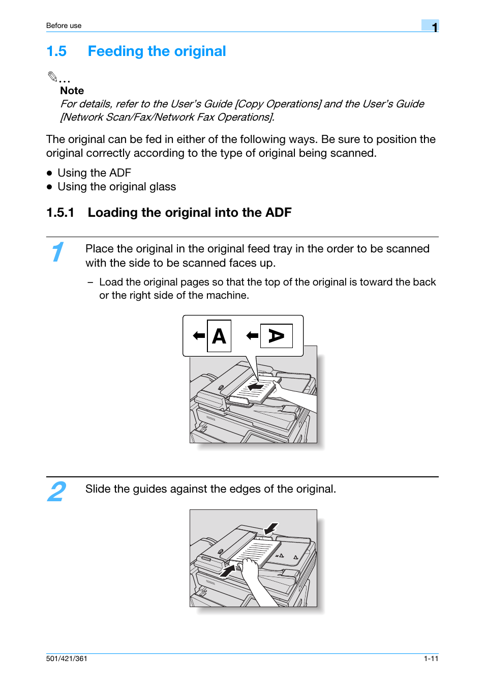 5 feeding the original, 1 loading the original into the adf, 5 feeding the original -11 | 1 loading the original into the adf -11 | Konica Minolta bizhub 421 User Manual | Page 17 / 103