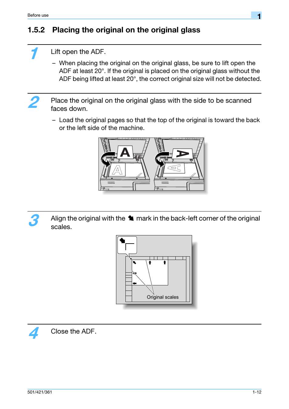 2 placing the original on the original glass, 2 placing the original on the original glass -12 | Konica Minolta bizhub 421 User Manual | Page 18 / 103