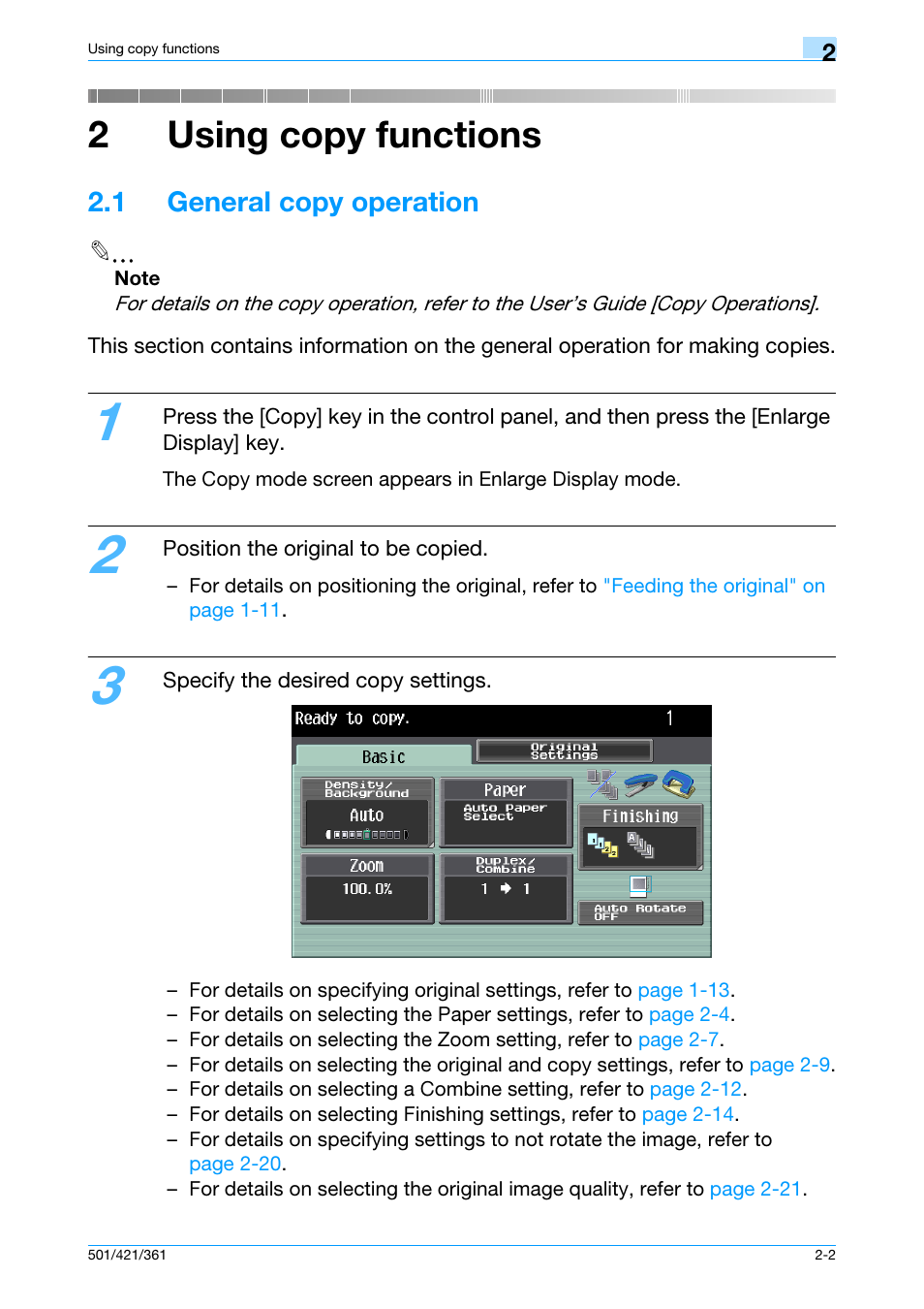 2 using copy functions, 1 general copy operation, 1 general copy operation -2 | 2using copy functions | Konica Minolta bizhub 421 User Manual | Page 29 / 103