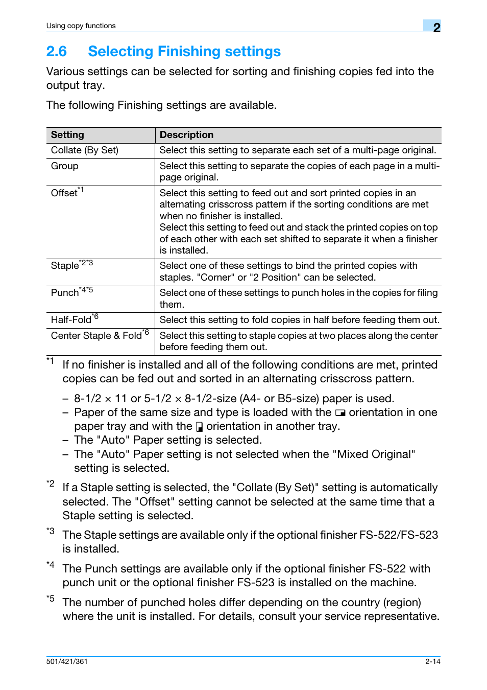6 selecting finishing settings, 6 selecting finishing settings -14, Nishing settings, refer to | Konica Minolta bizhub 421 User Manual | Page 41 / 103