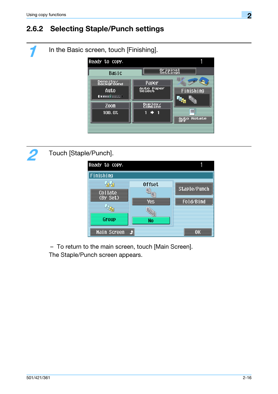 2 selecting staple/punch settings, 2 selecting staple/punch settings -16 | Konica Minolta bizhub 421 User Manual | Page 43 / 103
