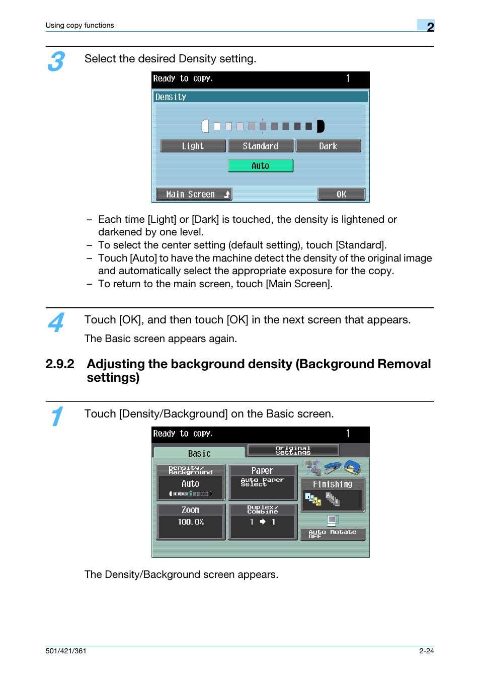 2 adjusting the background density, Background removal settings) -24 | Konica Minolta bizhub 421 User Manual | Page 51 / 103