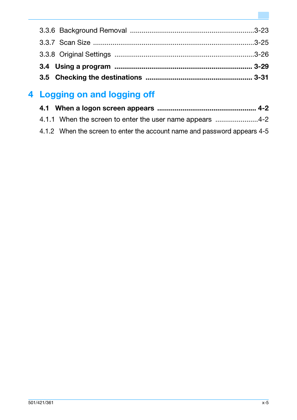 4 logging on and logging off | Konica Minolta bizhub 421 User Manual | Page 6 / 103