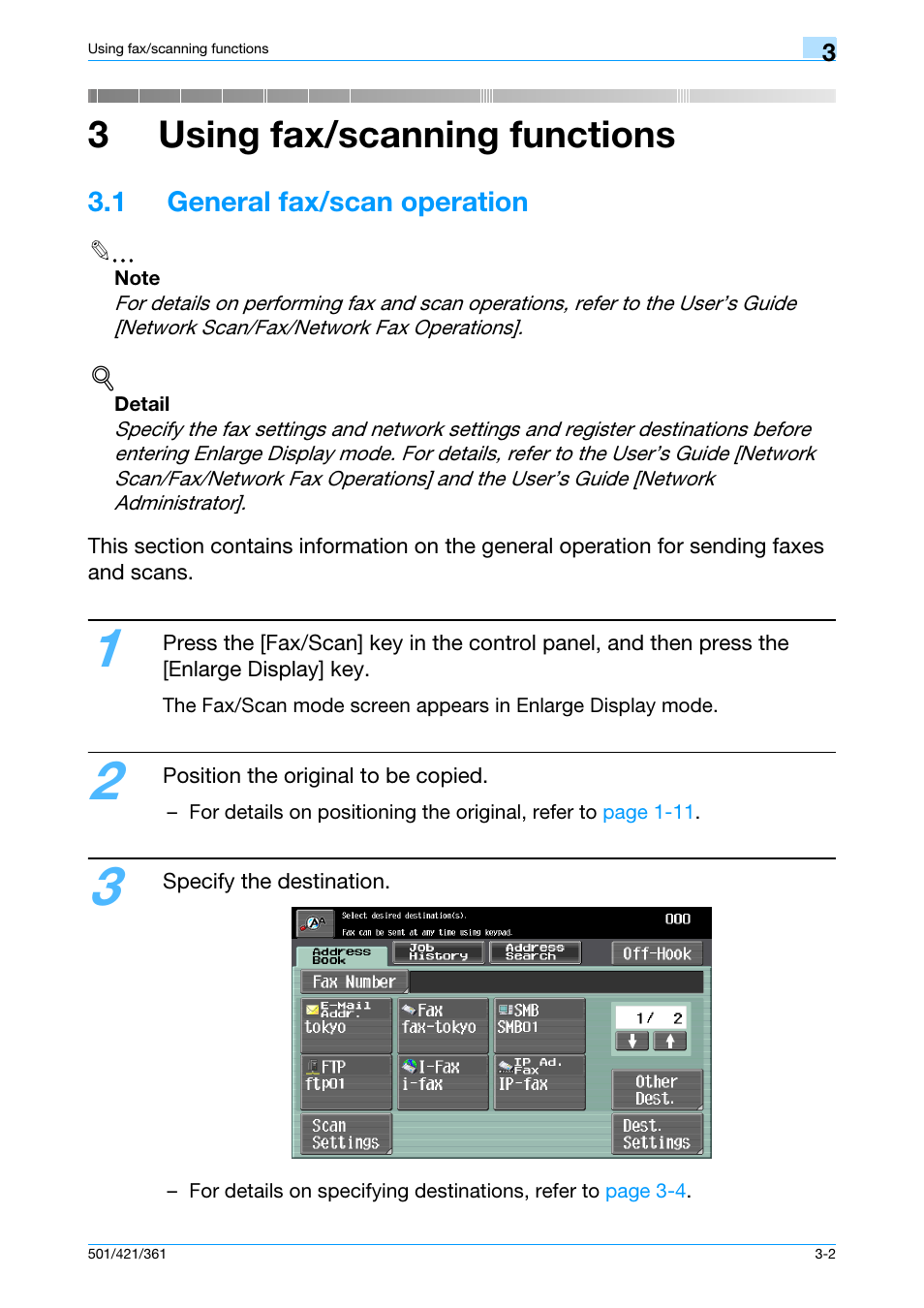 3 using fax/scanning functions, 1 general fax/scan operation, 1 general fax/scan operation -2 | 3using fax/scanning functions | Konica Minolta bizhub 421 User Manual | Page 64 / 103