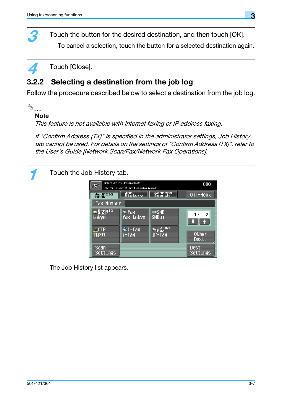 2 selecting a destination from the job log, 2 selecting a destination from the job log -7 | Konica Minolta bizhub 421 User Manual | Page 69 / 103