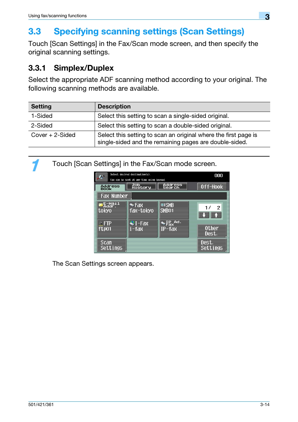 3 specifying scanning settings (scan settings), 1 simplex/duplex, 3 specifying scanning settings (scan settings) -14 | 1 simplex/duplex -14 | Konica Minolta bizhub 421 User Manual | Page 76 / 103