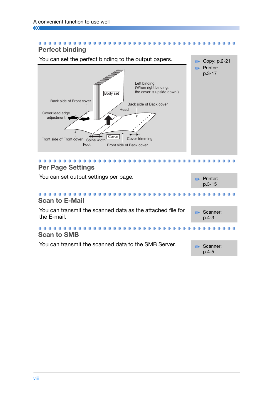 Perfect binding, Per page settings, Scan to e-mail | Scan to smb, You can set output settings per page | Konica Minolta bizhub PRO 1200 User Manual | Page 10 / 134