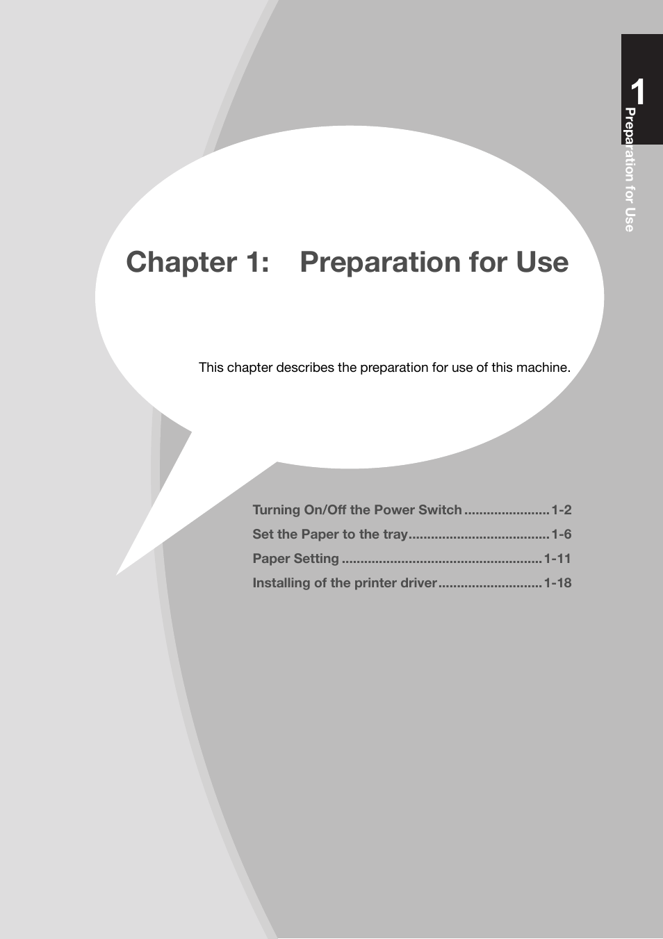 Chapter 1: preparation for use, Chapter 1:preparation for use -1 | Konica Minolta bizhub PRO 1200 User Manual | Page 11 / 134
