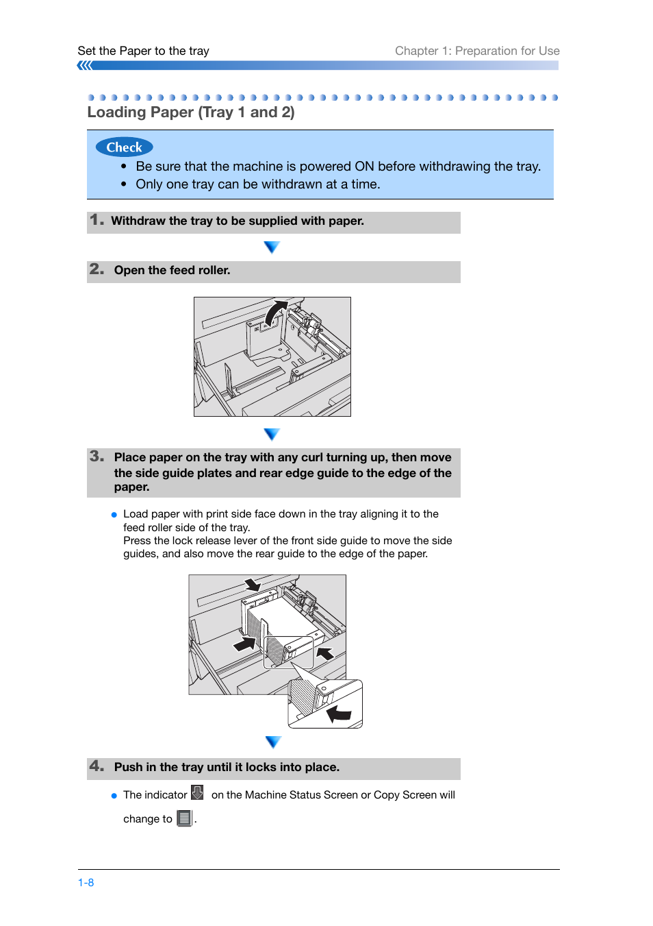 Loading paper (tray 1 and 2), Loading paper (tray 1 and 2) -8 | Konica Minolta bizhub PRO 1200 User Manual | Page 18 / 134