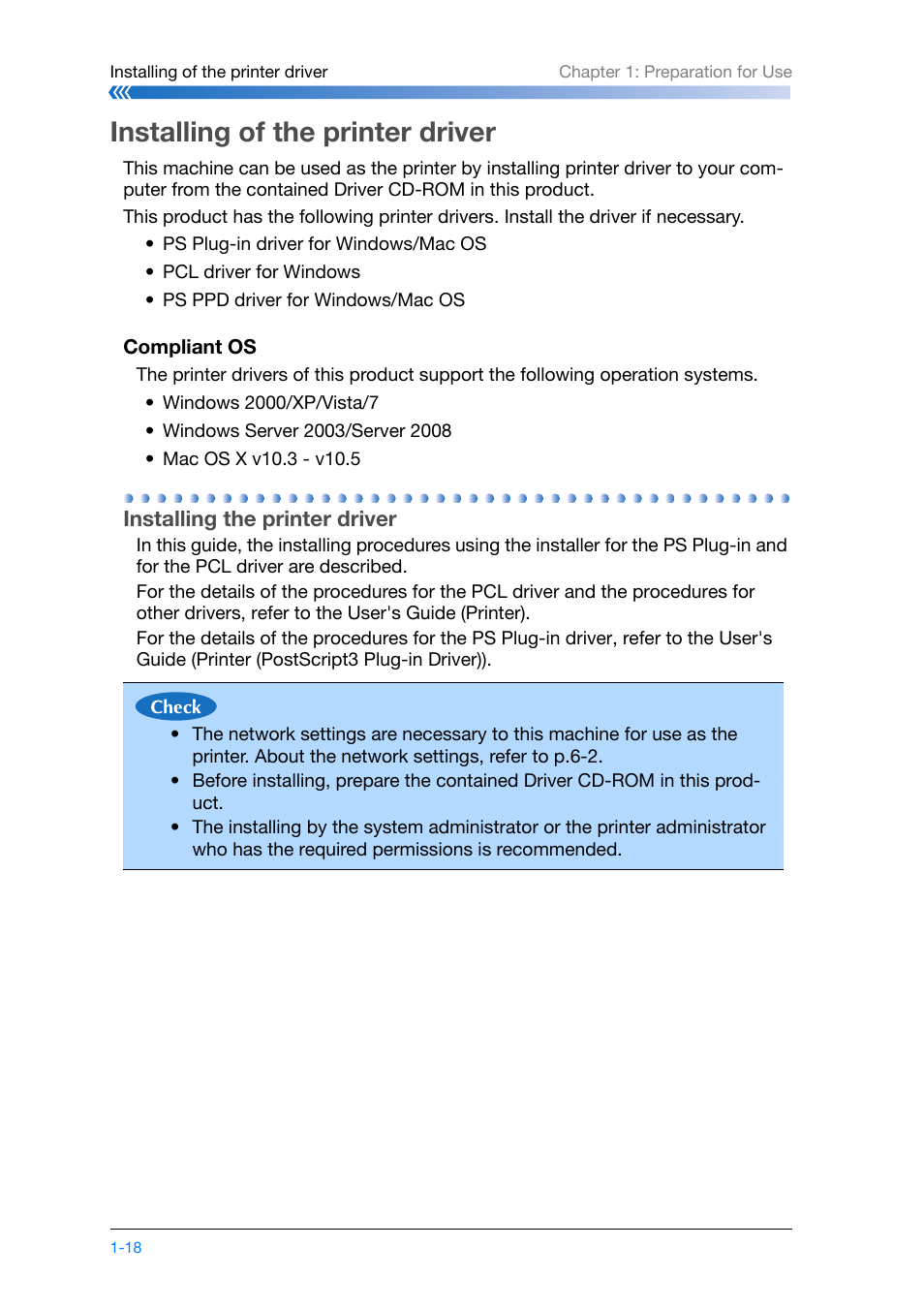 Installing of the printer driver, Installing the printer driver, Installing of the printer driver -18 | Installing the printer driver -18 | Konica Minolta bizhub PRO 1200 User Manual | Page 28 / 134