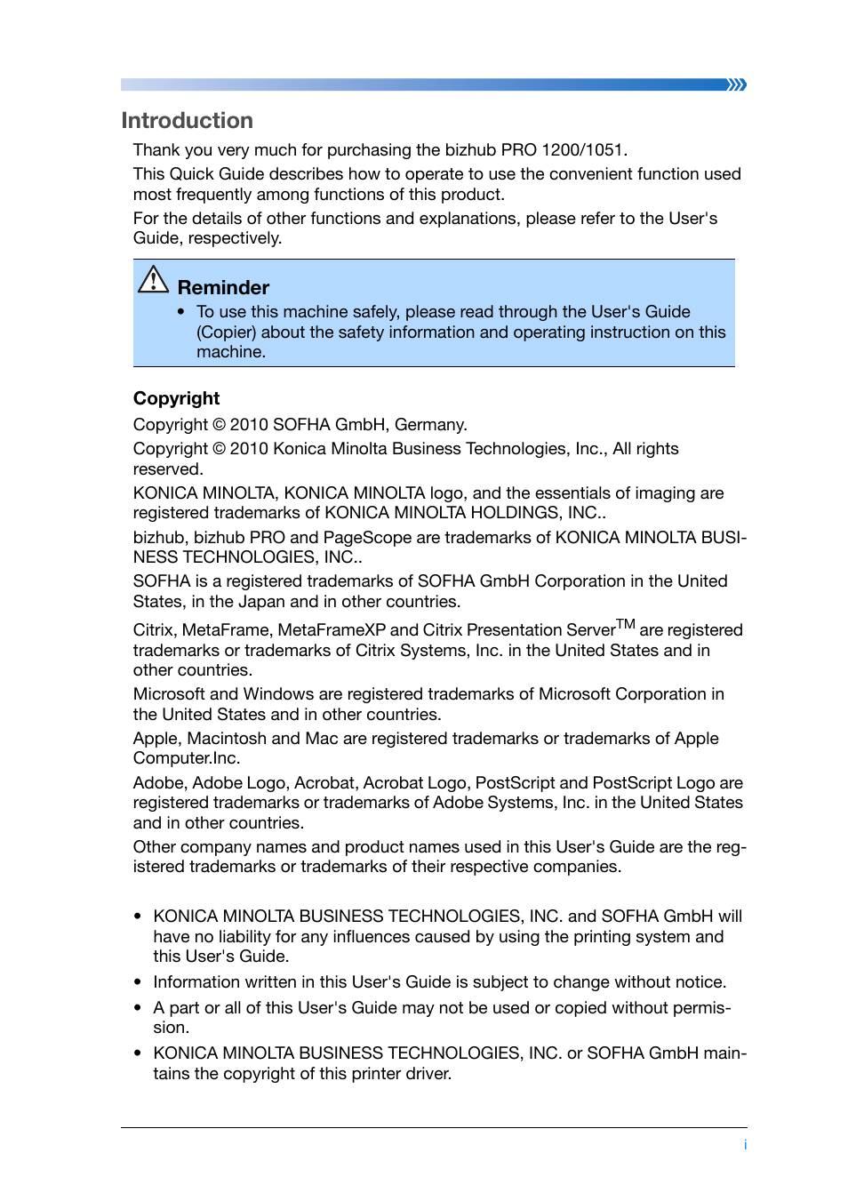 Introduction | Konica Minolta bizhub PRO 1200 User Manual | Page 3 / 134
