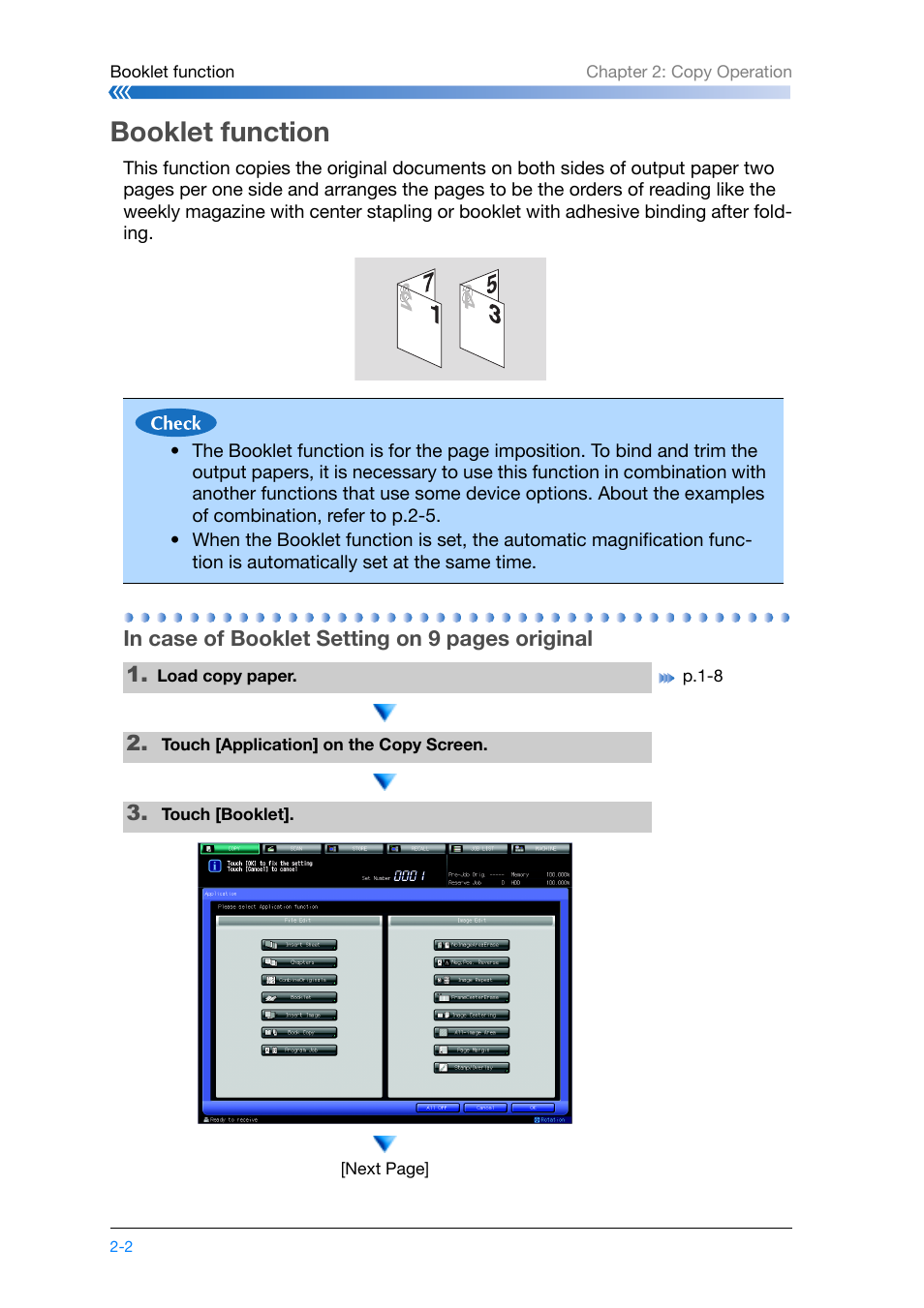 Booklet function, Booklet function -2, Copy: p.2-2 | Konica Minolta bizhub PRO 1200 User Manual | Page 36 / 134