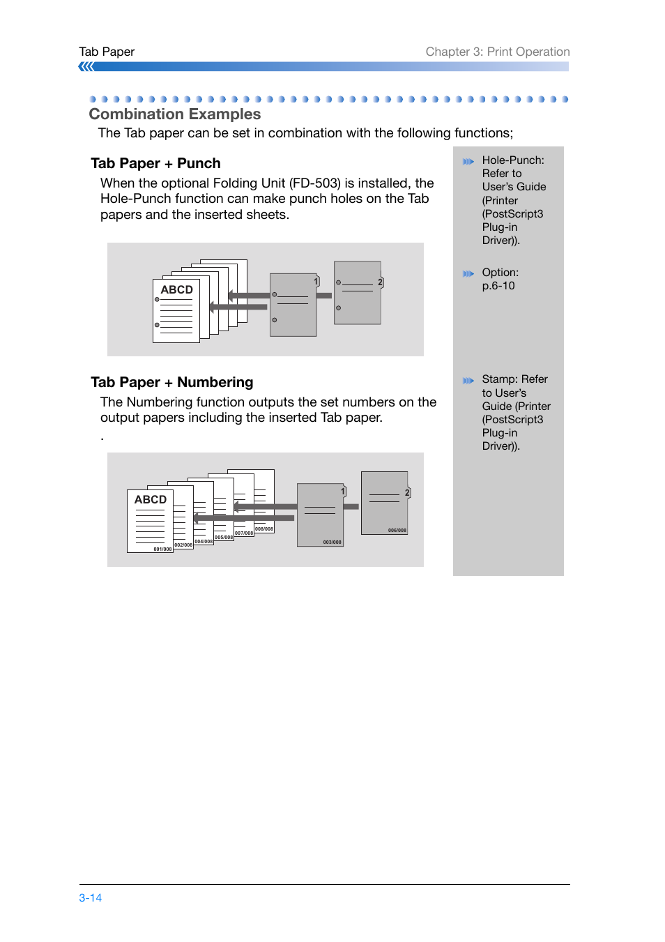 Combination examples, Combination examples -14, Tab paper + punch | Tab paper + numbering, Tab paper chapter 3: print operation | Konica Minolta bizhub PRO 1200 User Manual | Page 74 / 134