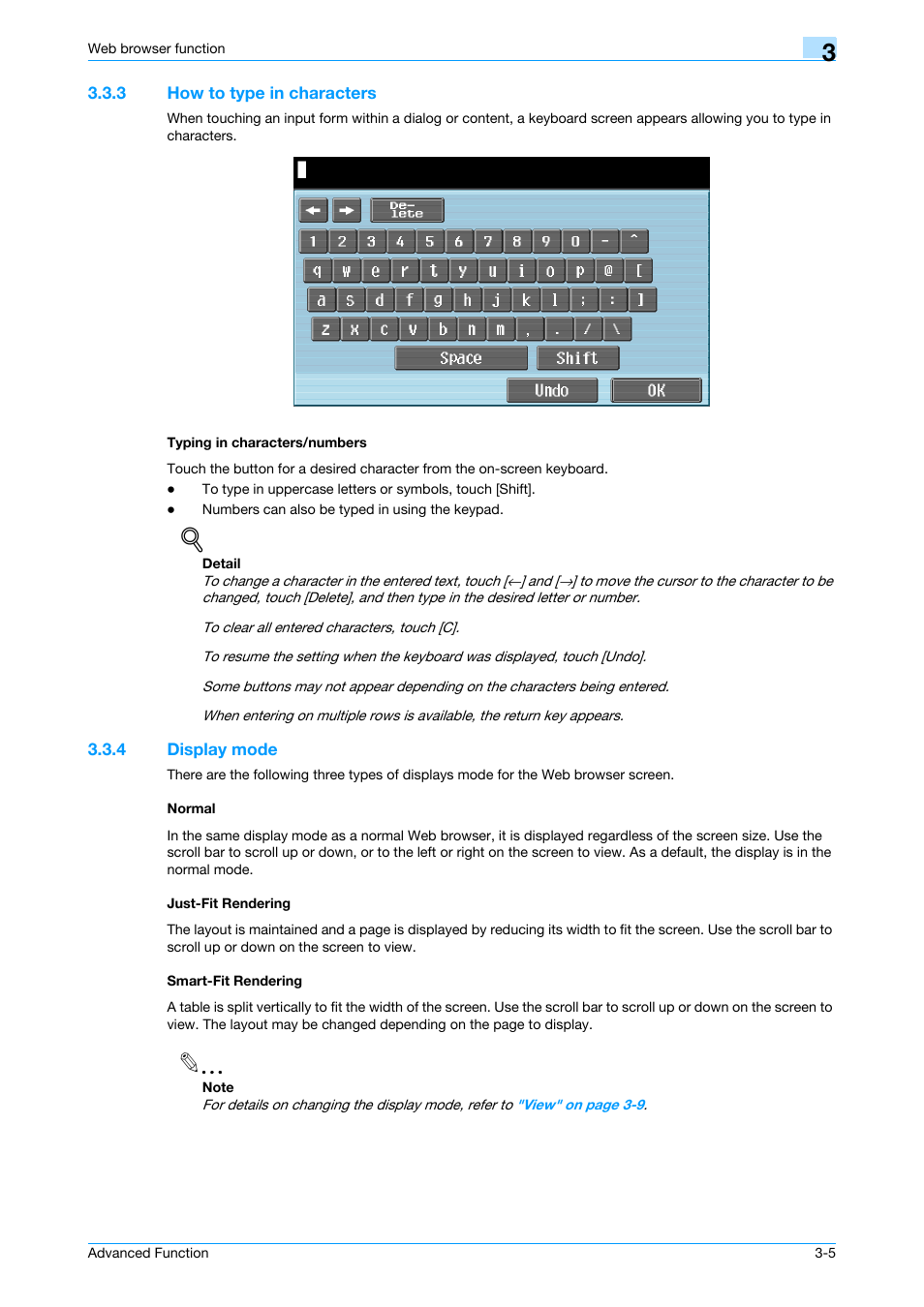 3 how to type in characters, Typing in characters/numbers, 4 display mode | Normal, Just-fit rendering, Smart-fit rendering | Konica Minolta bizhub 751 User Manual | Page 19 / 84