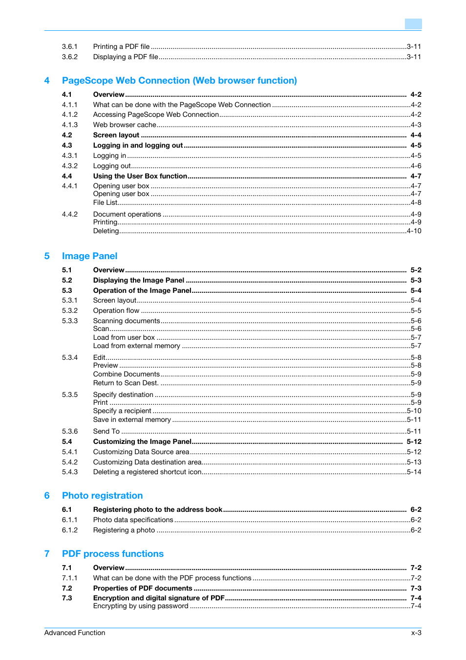 4pagescope web connection (web browser function), 5image panel, 6photo registration | 7pdf process functions | Konica Minolta bizhub 751 User Manual | Page 4 / 84