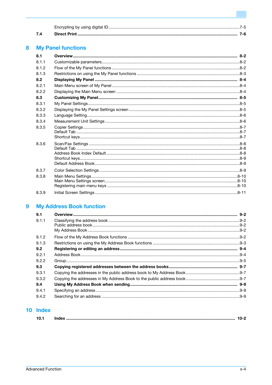 8my panel functions, 9my address book function, 10 index | Konica Minolta bizhub 751 User Manual | Page 5 / 84