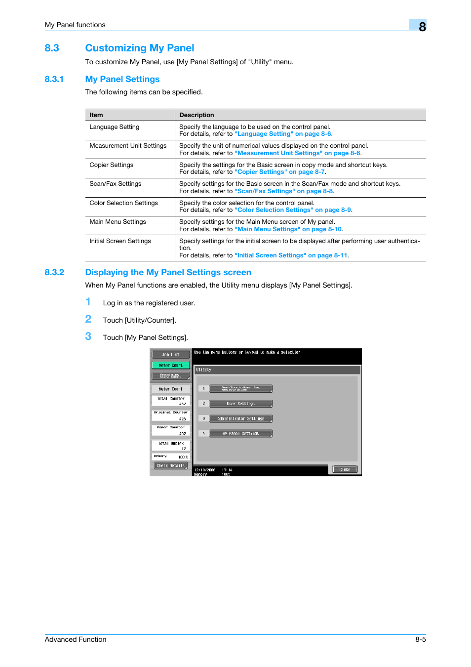 3 customizing my panel, 1 my panel settings, 2 displaying the my panel settings screen | Customizing my panel -5, My panel settings -5, Displaying the my panel settings screen -5 | Konica Minolta bizhub 751 User Manual | Page 65 / 84