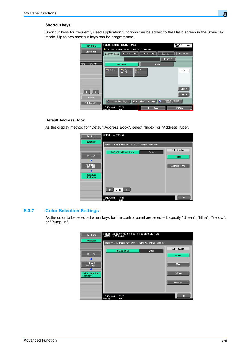 Shortcut keys, Default address book, 7 color selection settings | Shortcut keys -9 default address book -9, Color selection settings -9 | Konica Minolta bizhub 751 User Manual | Page 69 / 84
