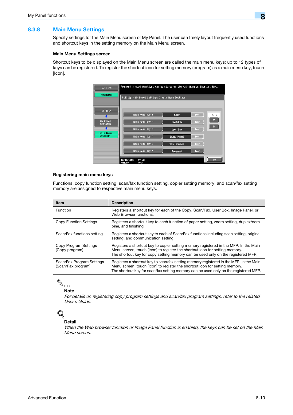 8 main menu settings, Main menu settings screen, Registering main menu keys | Konica Minolta bizhub 751 User Manual | Page 70 / 84