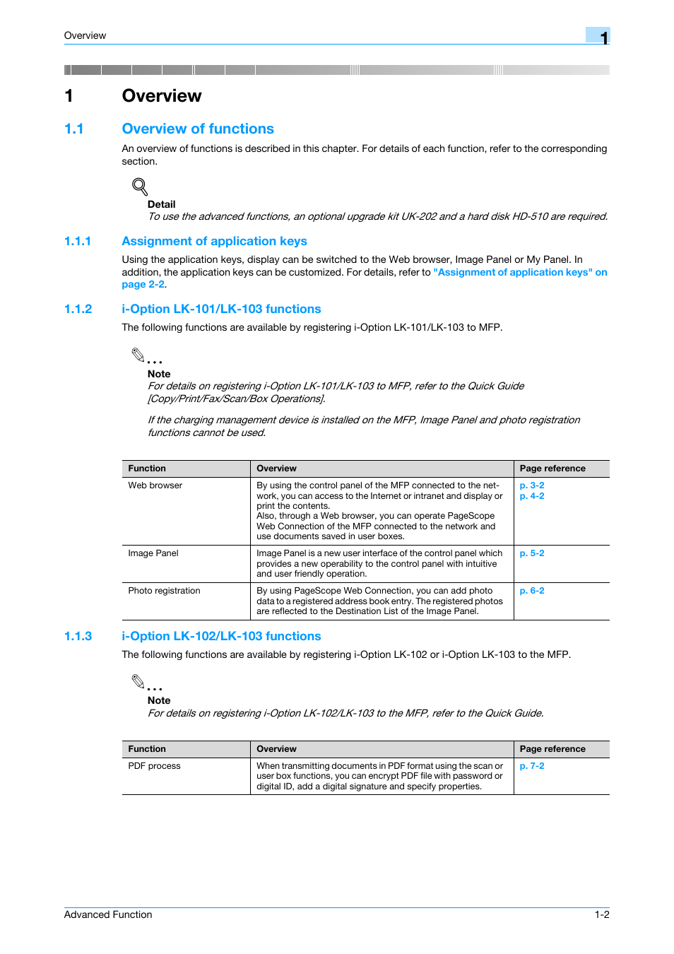 1 overview, 1 overview of functions, 1 assignment of application keys | 2 i-option lk-101/lk-103 functions, 3 i-option lk-102/lk-103 functions, Overview, Overview of functions -2, Assignment of application keys -2, I-option lk-101/lk-103 functions -2, I-option lk-102/lk-103 functions -2 | Konica Minolta bizhub 751 User Manual | Page 9 / 84