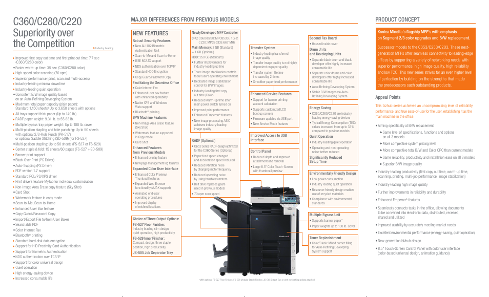 New features, Product concept, Major differences from previous models | Appeal points | Konica Minolta BIZHUB C360 User Manual | Page 2 / 2