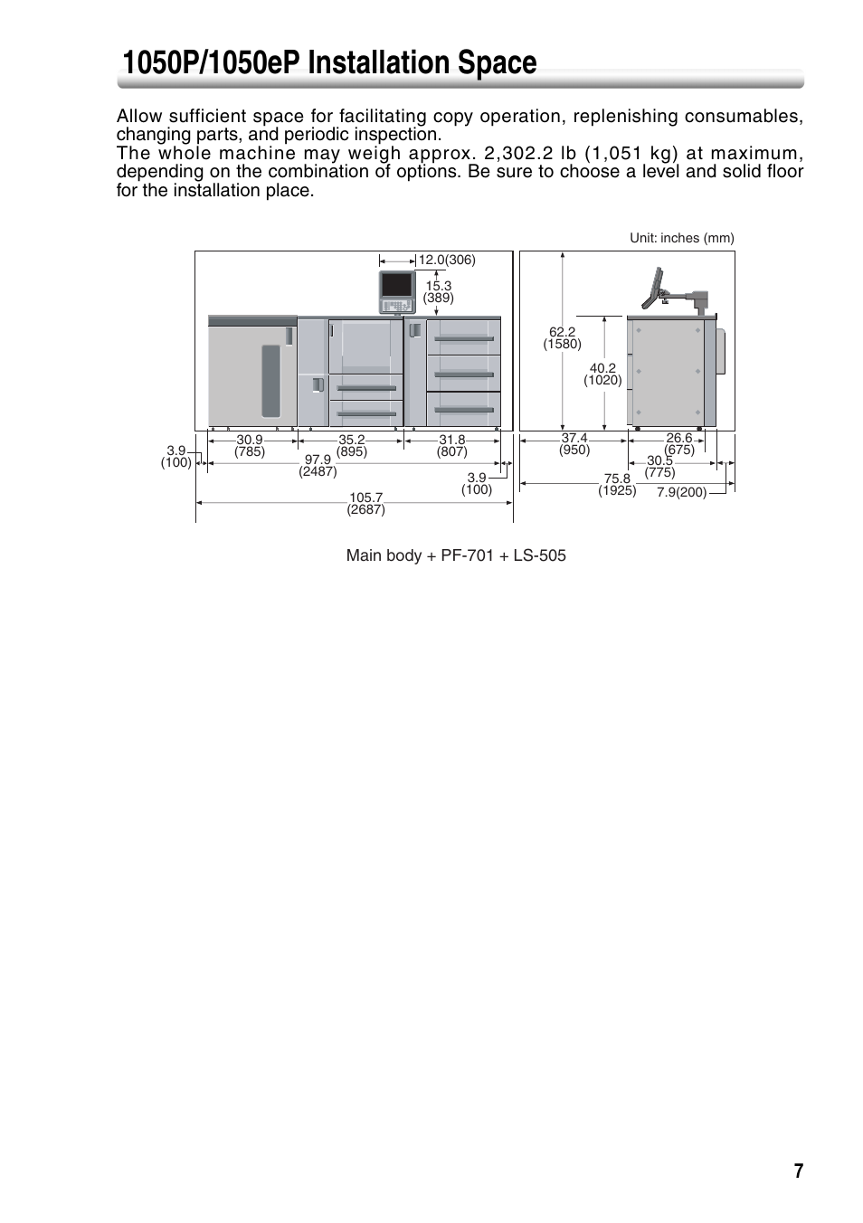 1050p/1050ep installation space | Konica Minolta bizhub PRO 1050P User Manual | Page 11 / 88