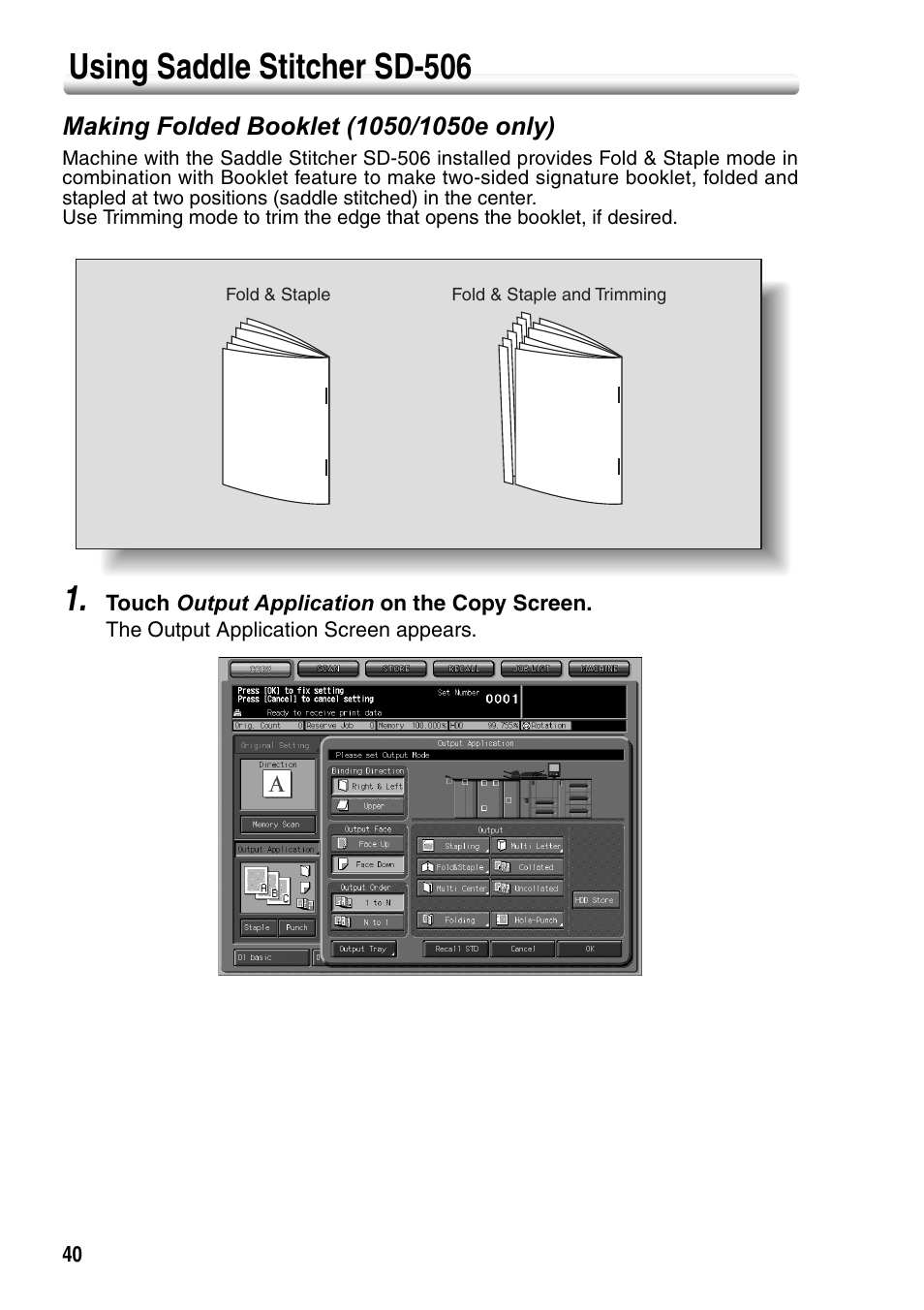 Using saddle stitcher sd-506, Making folded booklet (1050/1050e only) | Konica Minolta bizhub PRO 1050P User Manual | Page 44 / 88