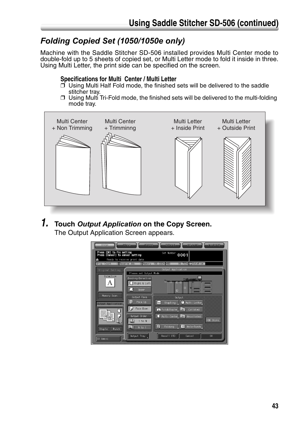 Folding copied set (1050/1050e only), Using saddle stitcher sd-506 (continued) | Konica Minolta bizhub PRO 1050P User Manual | Page 47 / 88
