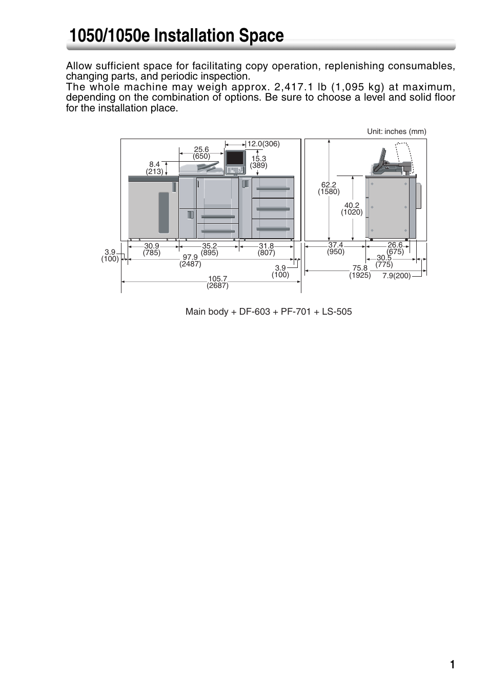 1050/1050e installation space | Konica Minolta bizhub PRO 1050P User Manual | Page 5 / 88