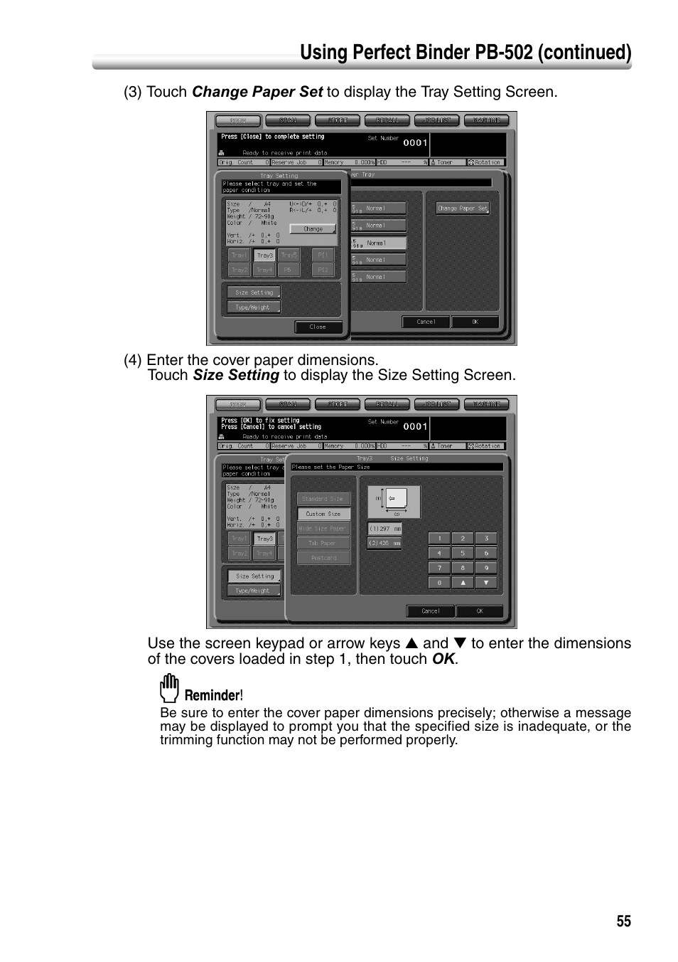 P. 55, Using perfect binder pb-502 (continued) | Konica Minolta bizhub PRO 1050P User Manual | Page 59 / 88