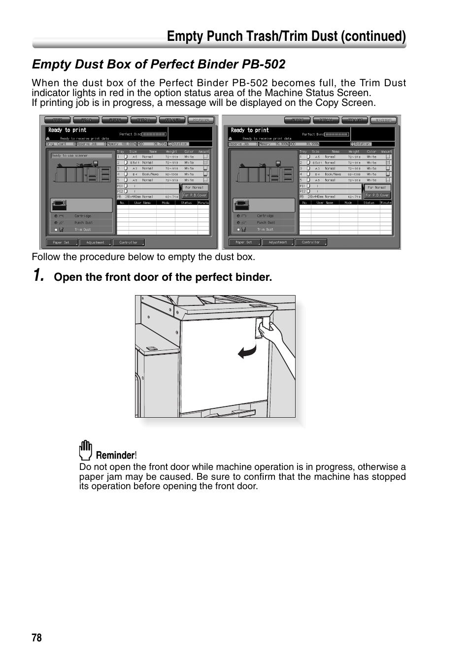 Empty dust box of perfect binder pb-502, Empty punch trash/trim dust (continued) | Konica Minolta bizhub PRO 1050P User Manual | Page 82 / 88