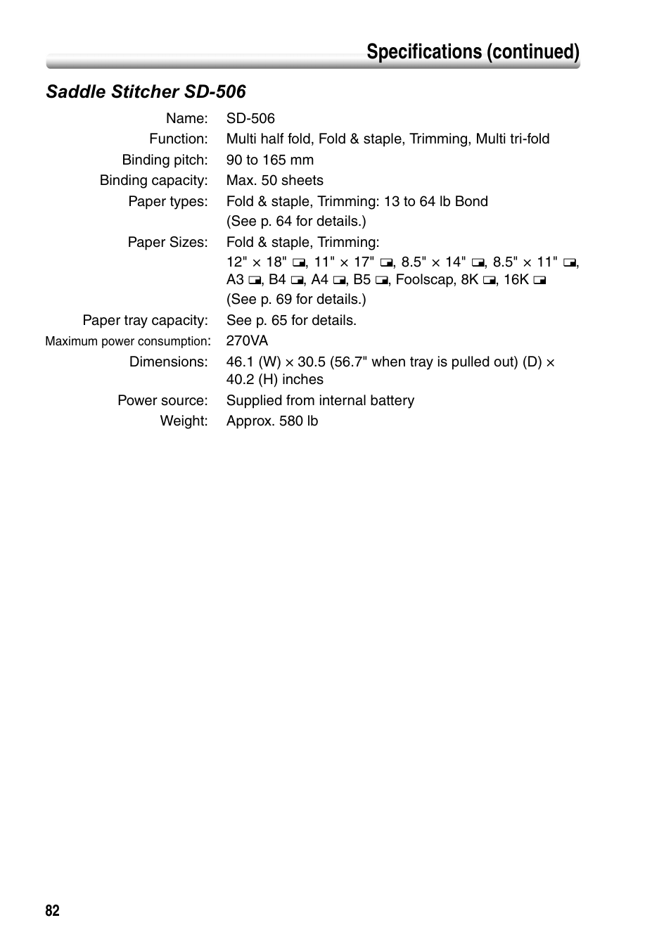 Saddle stitcher sd-506, Specifications (continued) | Konica Minolta bizhub PRO 1050P User Manual | Page 86 / 88