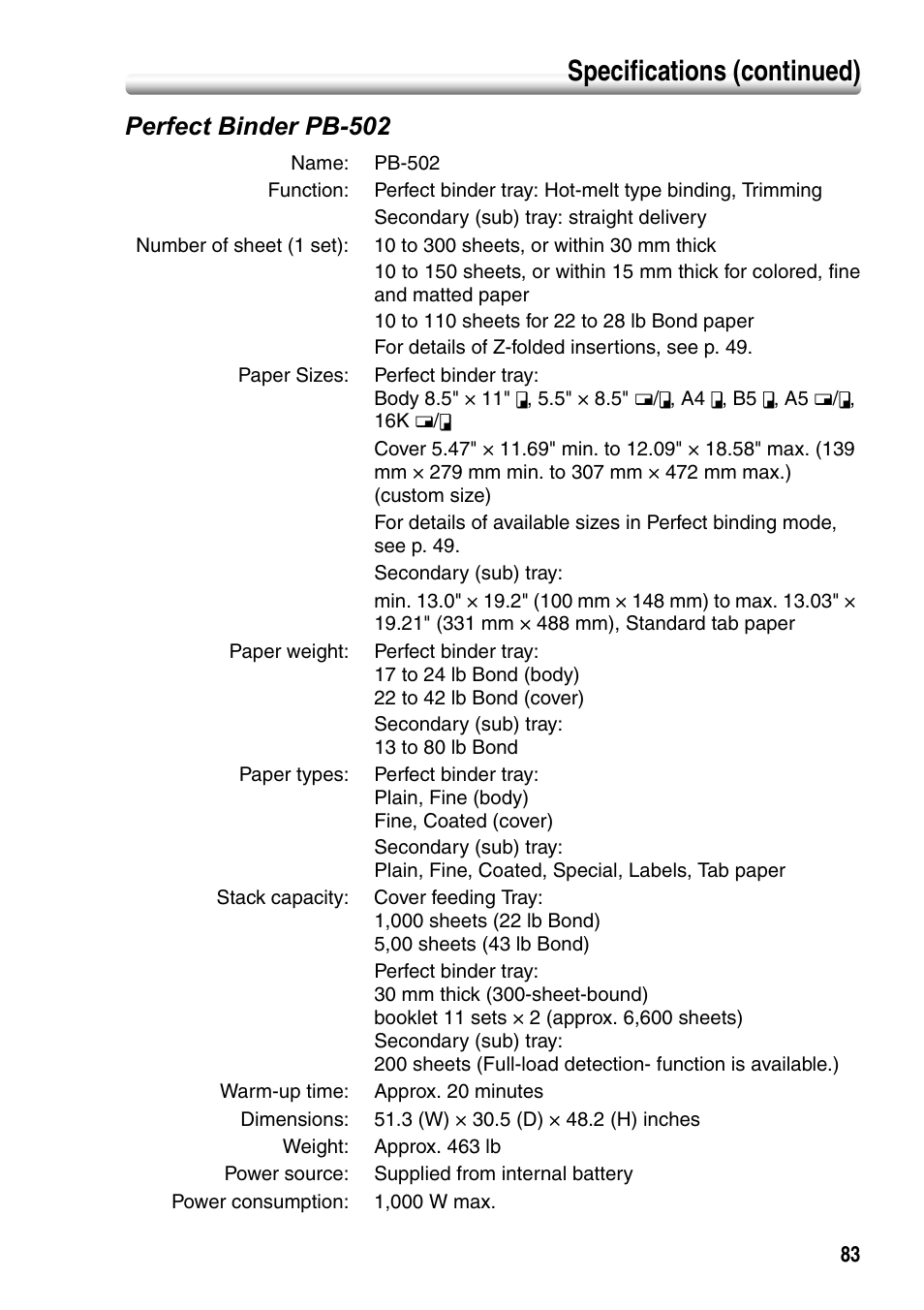 Perfect binder pb-502, Specifications (continued) | Konica Minolta bizhub PRO 1050P User Manual | Page 87 / 88
