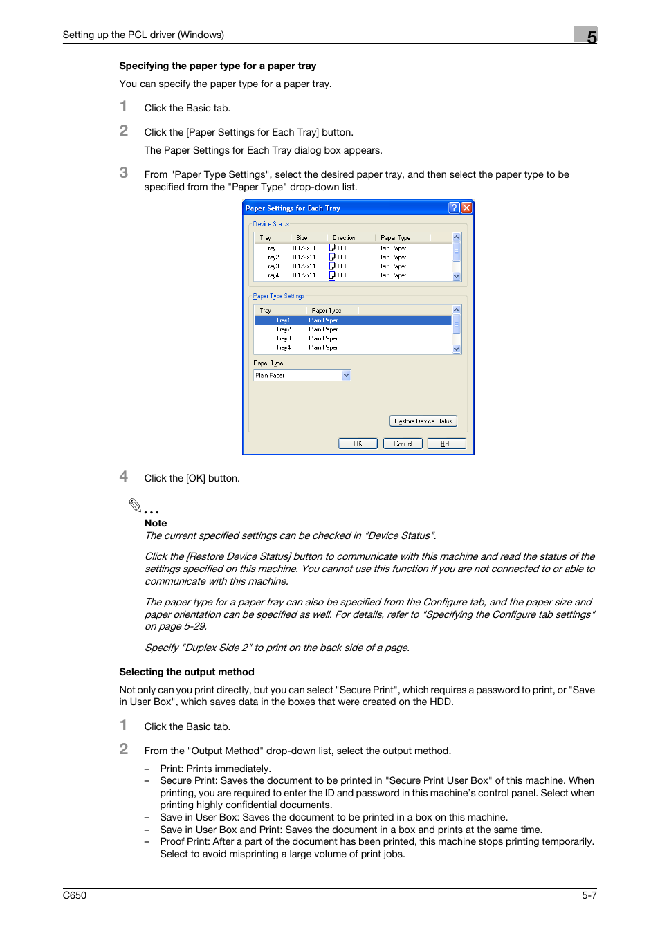 Specifying the paper type for a paper tray, Selecting the output method | Konica Minolta bizhub C650 User Manual | Page 103 / 303