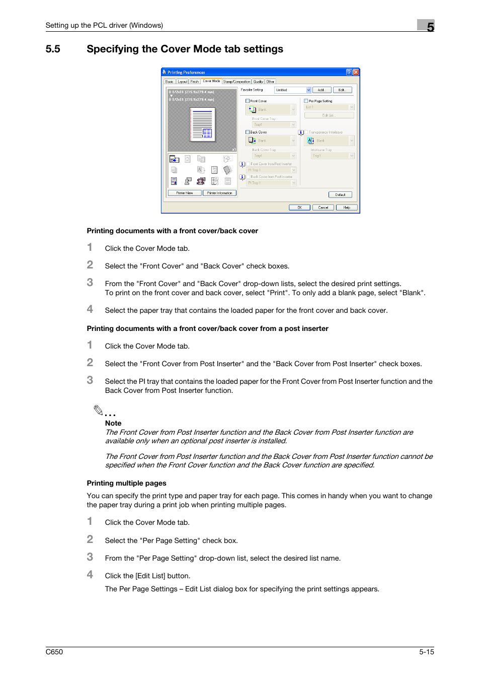 5 specifying the cover mode tab settings, Printing documents with a front cover/back cover | Konica Minolta bizhub C650 User Manual | Page 111 / 303