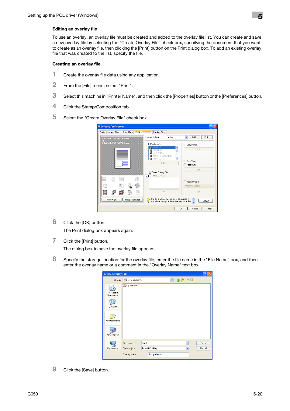 Editing an overlay file, Creating an overlay file | Konica Minolta bizhub C650 User Manual | Page 116 / 303