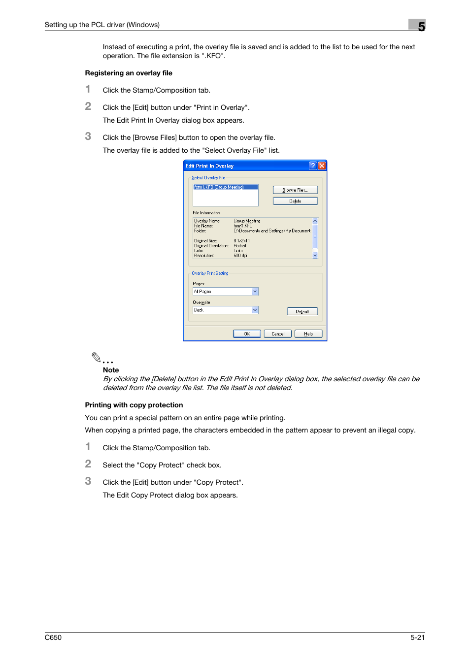 Registering an overlay file, Printing with copy protection | Konica Minolta bizhub C650 User Manual | Page 117 / 303
