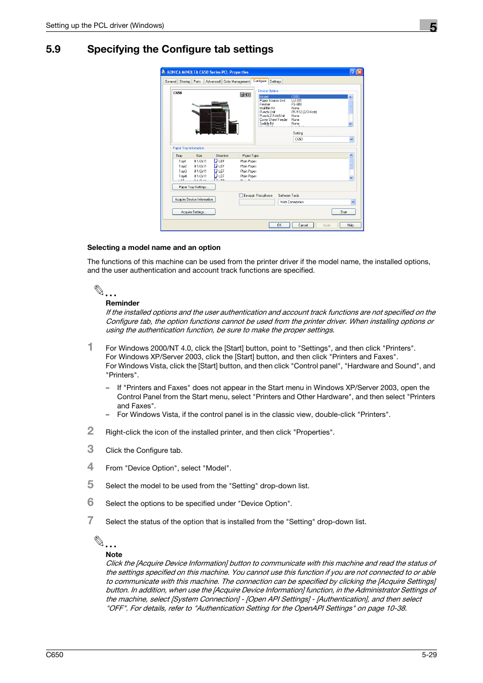 9 specifying the configure tab settings, Selecting a model name and an option | Konica Minolta bizhub C650 User Manual | Page 125 / 303