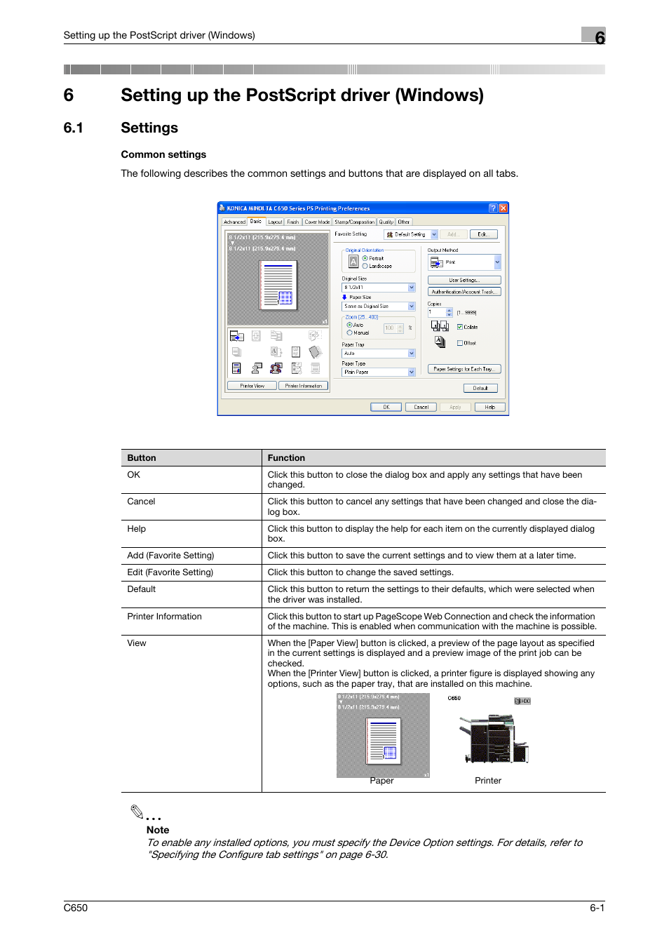 6 setting up the postscript driver (windows), 1 settings, Common settings | Setting up the postscript driver (windows), Settings -1 common settings -1, 6setting up the postscript driver (windows) | Konica Minolta bizhub C650 User Manual | Page 132 / 303