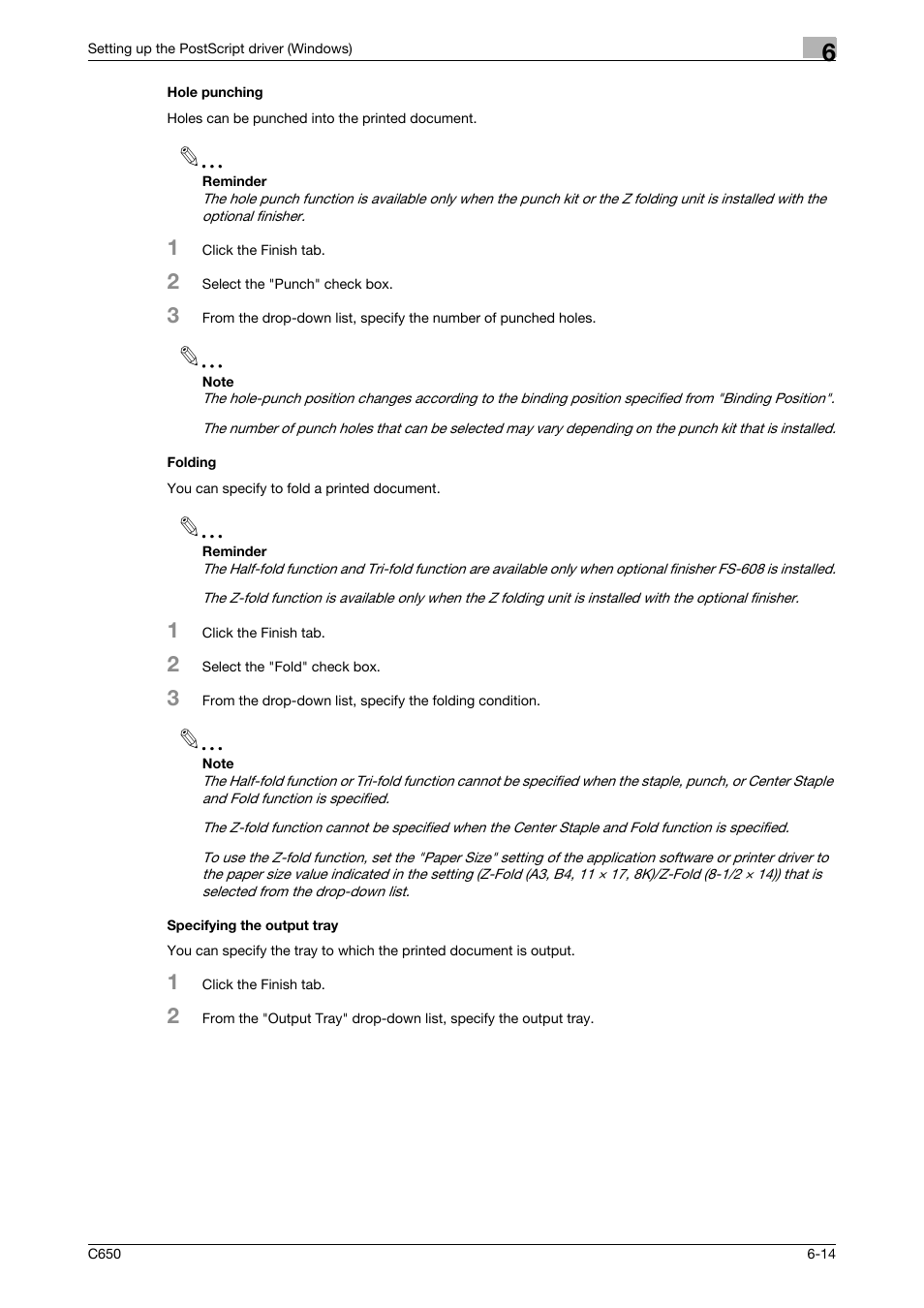 Hole punching, Folding, Specifying the output tray | Konica Minolta bizhub C650 User Manual | Page 145 / 303