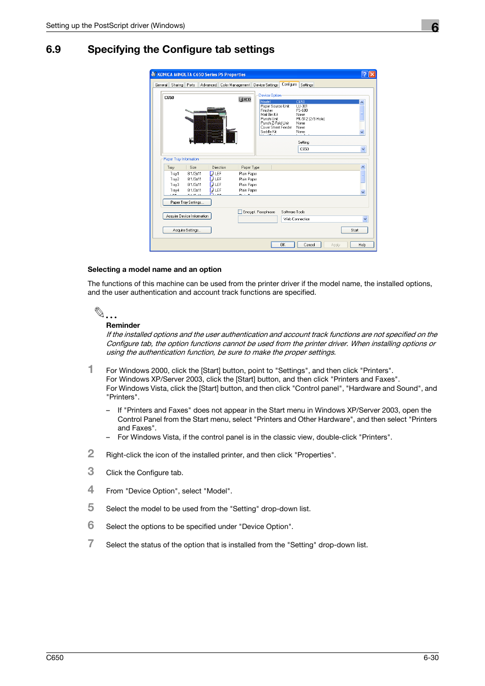 9 specifying the configure tab settings, Selecting a model name and an option | Konica Minolta bizhub C650 User Manual | Page 161 / 303