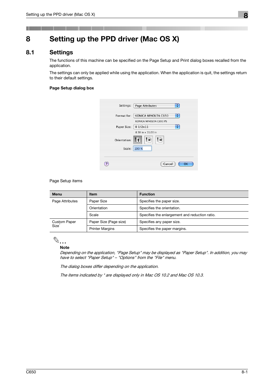 8 setting up the ppd driver (mac os x), 1 settings, Setting up the ppd driver (mac os x) | 8setting up the ppd driver (mac os x) | Konica Minolta bizhub C650 User Manual | Page 177 / 303
