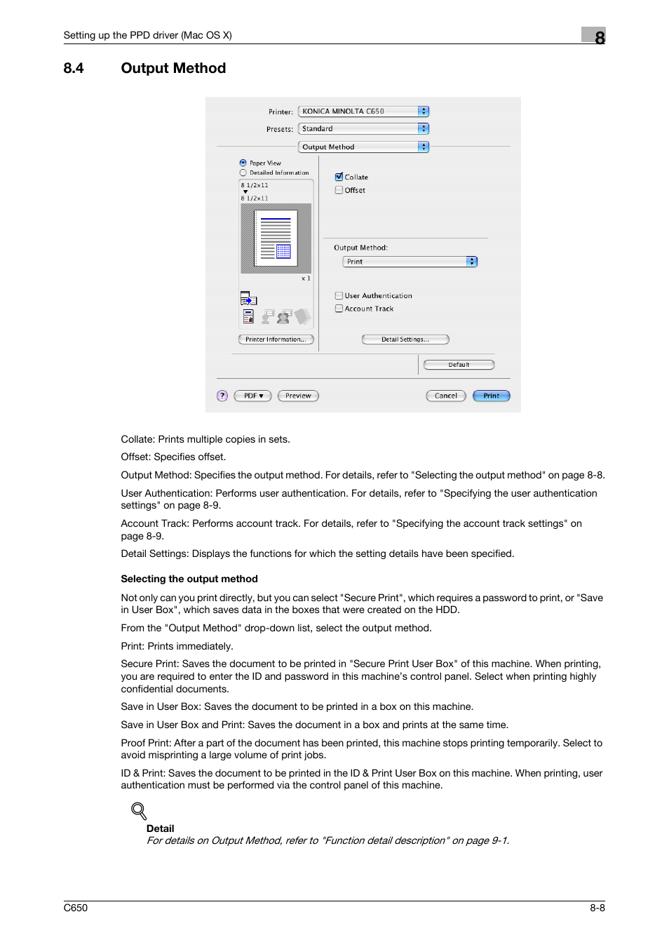 4 output method, Selecting the output method, Output method -8 selecting the output method -8 | Konica Minolta bizhub C650 User Manual | Page 184 / 303