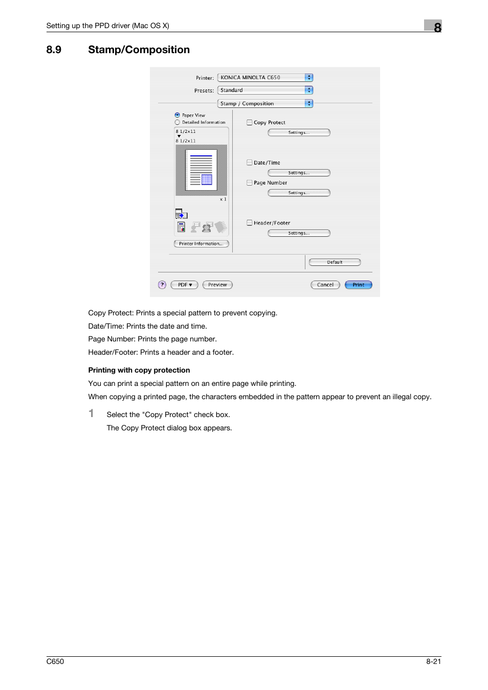 9 stamp/composition, Printing with copy protection | Konica Minolta bizhub C650 User Manual | Page 197 / 303