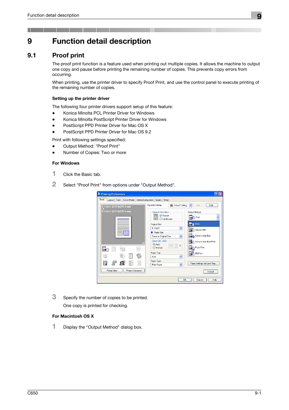 9 function detail description, 1 proof print, Setting up the printer driver | For windows, For macintosh os x, Function detail description, 9function detail description | Konica Minolta bizhub C650 User Manual | Page 206 / 303
