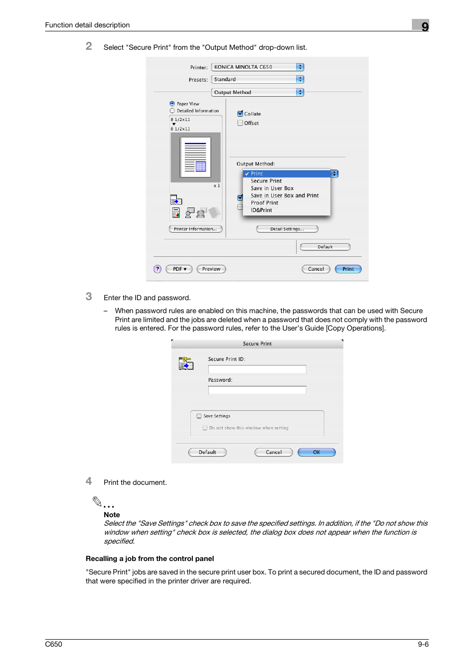 Recalling a job from the control panel, Recalling a job from the control panel -6 | Konica Minolta bizhub C650 User Manual | Page 211 / 303