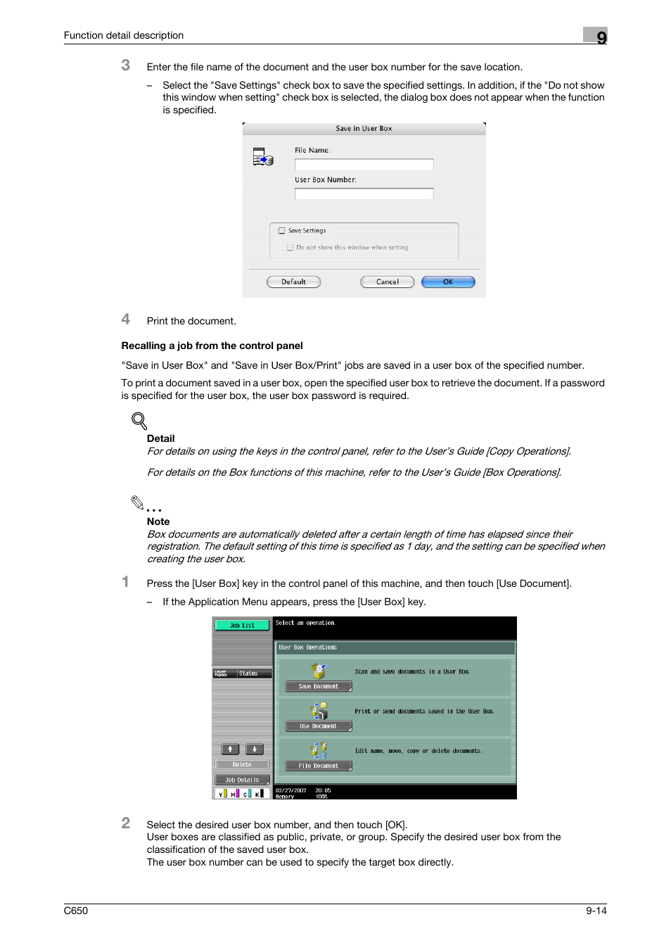 Recalling a job from the control panel, Recalling a job from the control panel -14 | Konica Minolta bizhub C650 User Manual | Page 219 / 303