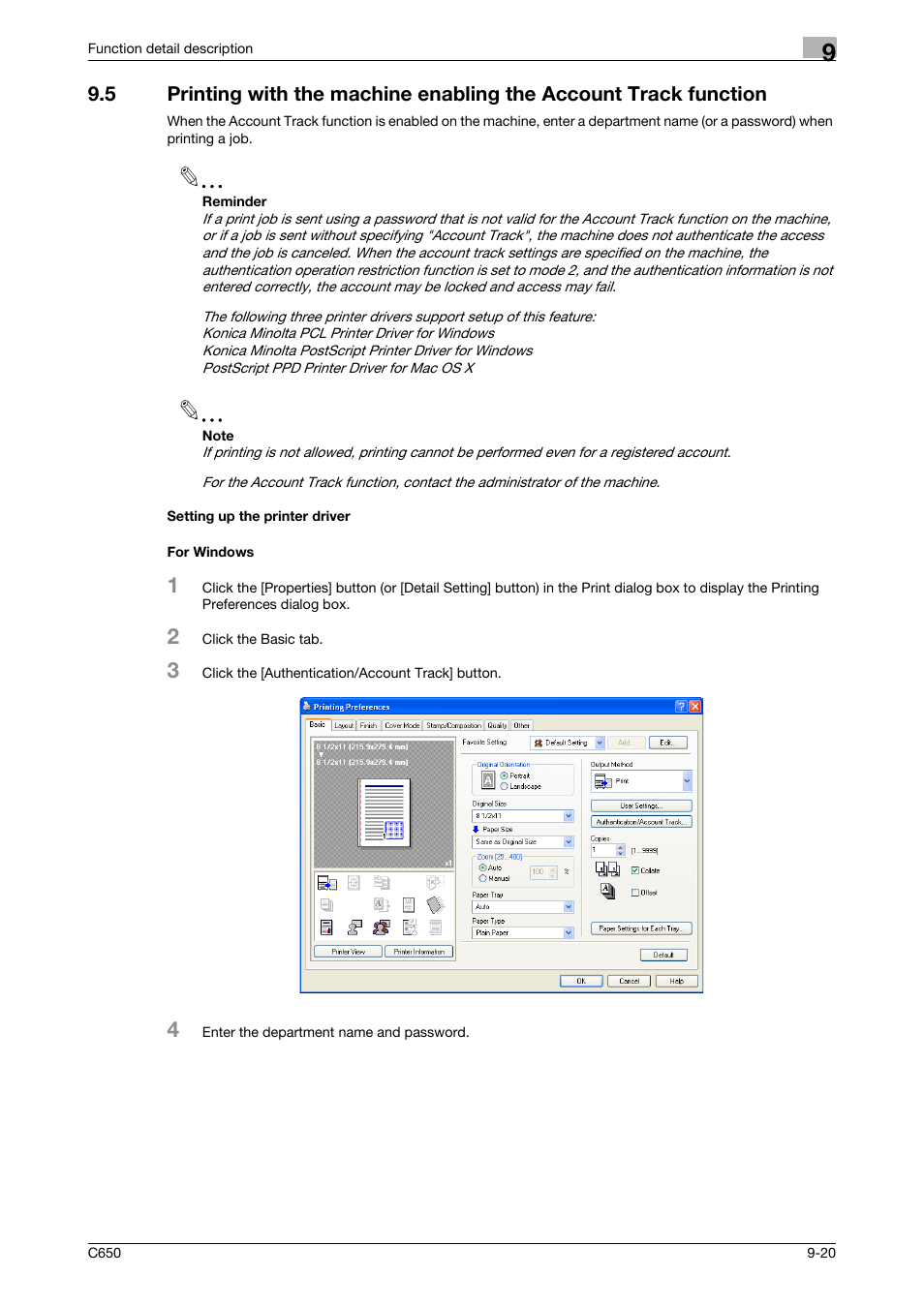 Setting up the printer driver, For windows | Konica Minolta bizhub C650 User Manual | Page 225 / 303